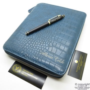 Crocodile İsme Özel Fermuarlı Folder Tarihsiz Organizer ve Roller Kalem 15x21 | Blue