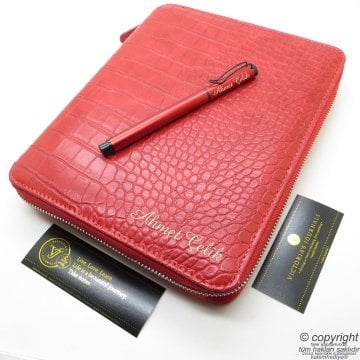 Crocodile İsme Özel Fermuarlı Folder Tarihsiz Organizer ve Roller Kalem 15x21 | Red