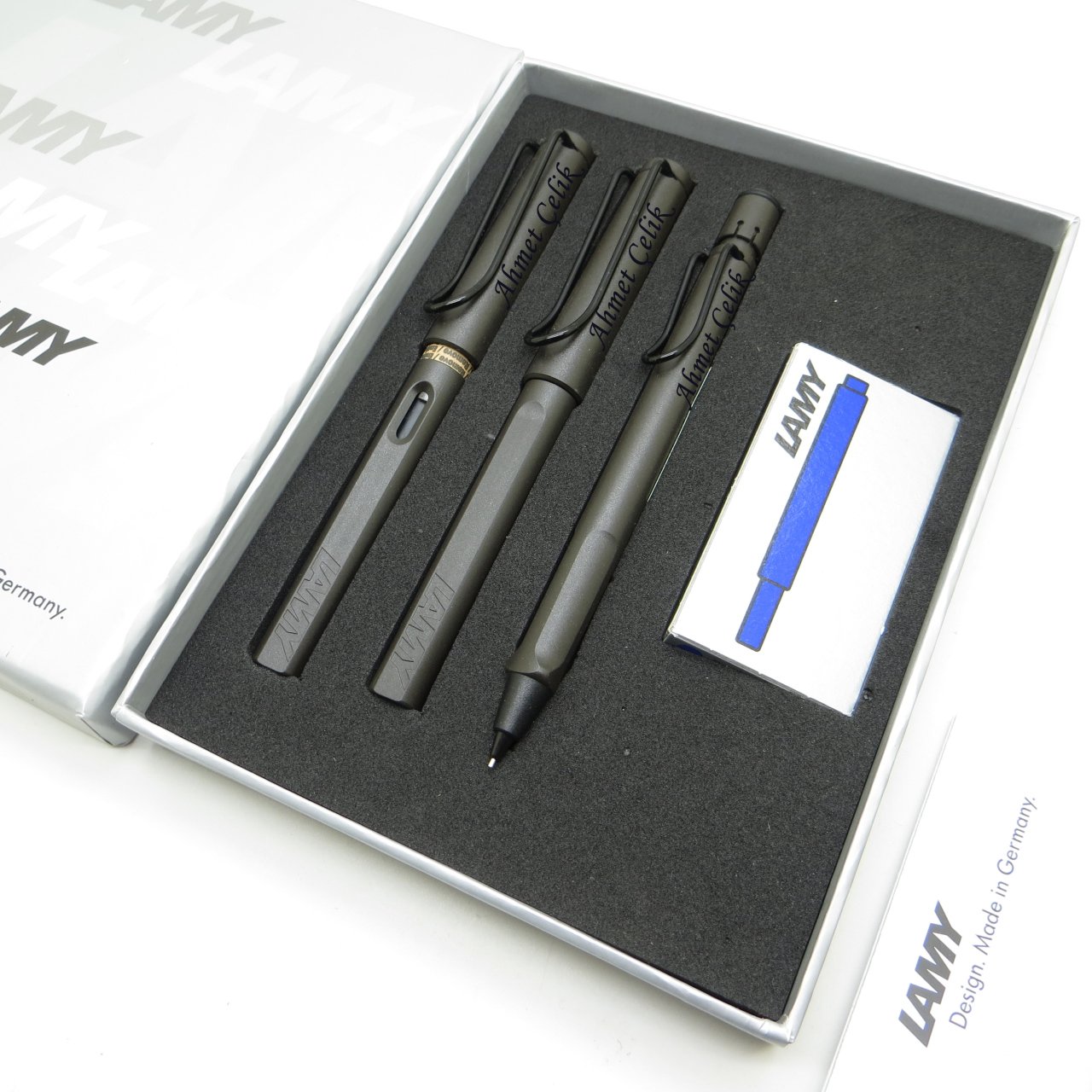 Lamy Safari Mat Siyah Dolma Kalem + Roller Kalem + 0.5mm Tükenmez Kalem Set | İsme Özel