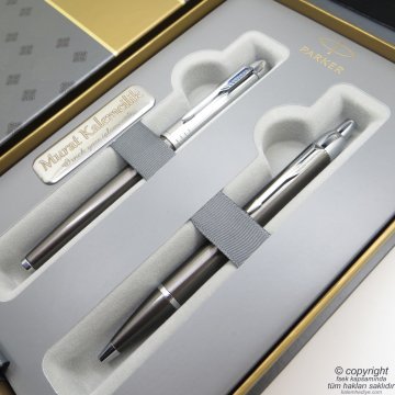 Parker IM Premium Custom Kurşuni Roller Kalem + Tükenmez Kalem Set | İsme Özel
