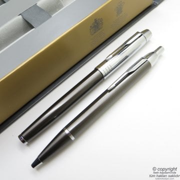 Parker IM Premium Custom Kurşuni Roller Kalem + Tükenmez Kalem Set | İsme Özel