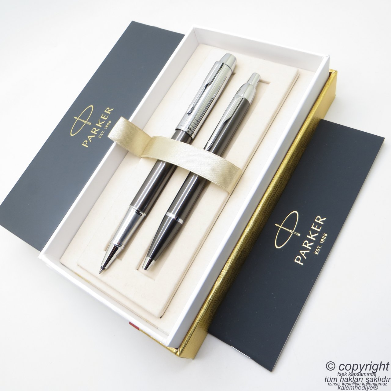 Parker IM Premium Custom Kurşuni Roller Kalem + Tükenmez Kalem Set | İsme Özel