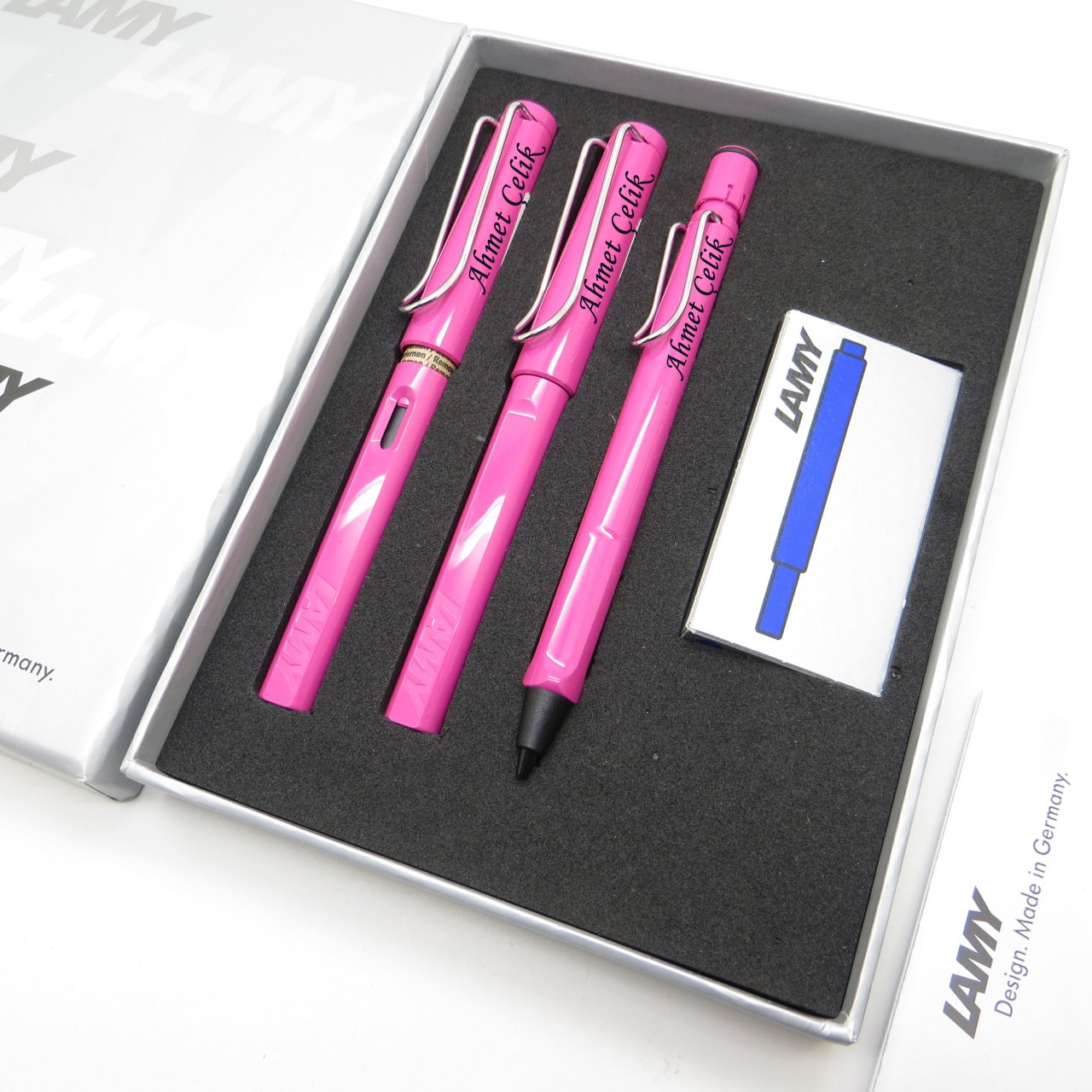 Lamy Safari Pembe Dolma Kalem + Roller Kalem + 0.5mm Tükenmez Kalem Set | İsme Özel