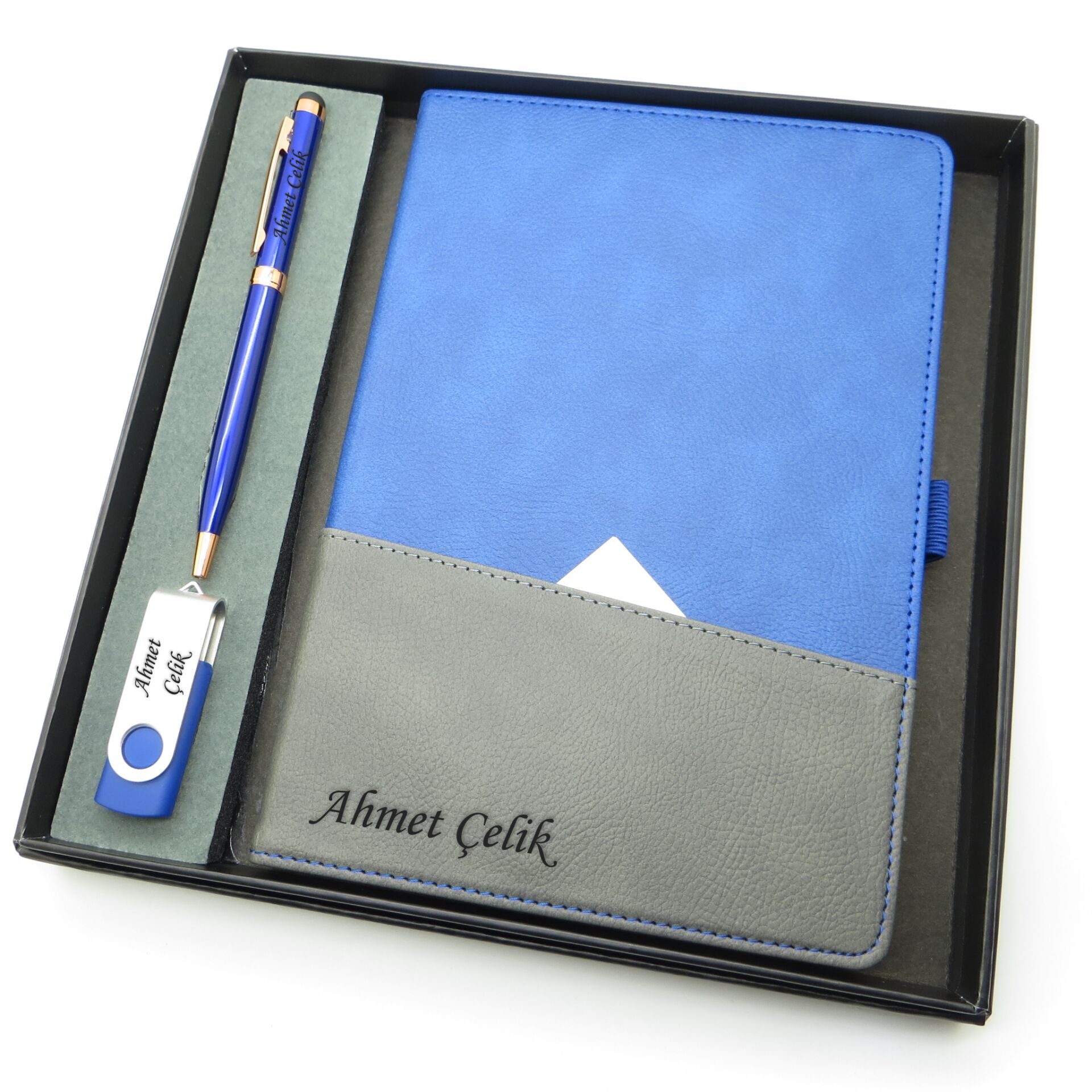 Signator® Codex | N188 Kişiye Özel Defterli Set - İsme Özel Mavi Kalem + İsme Özel Mavi Defter + İsme Özel 32 GB Usb Bellek| İsme Özel Kutusunda Hediyelik Set