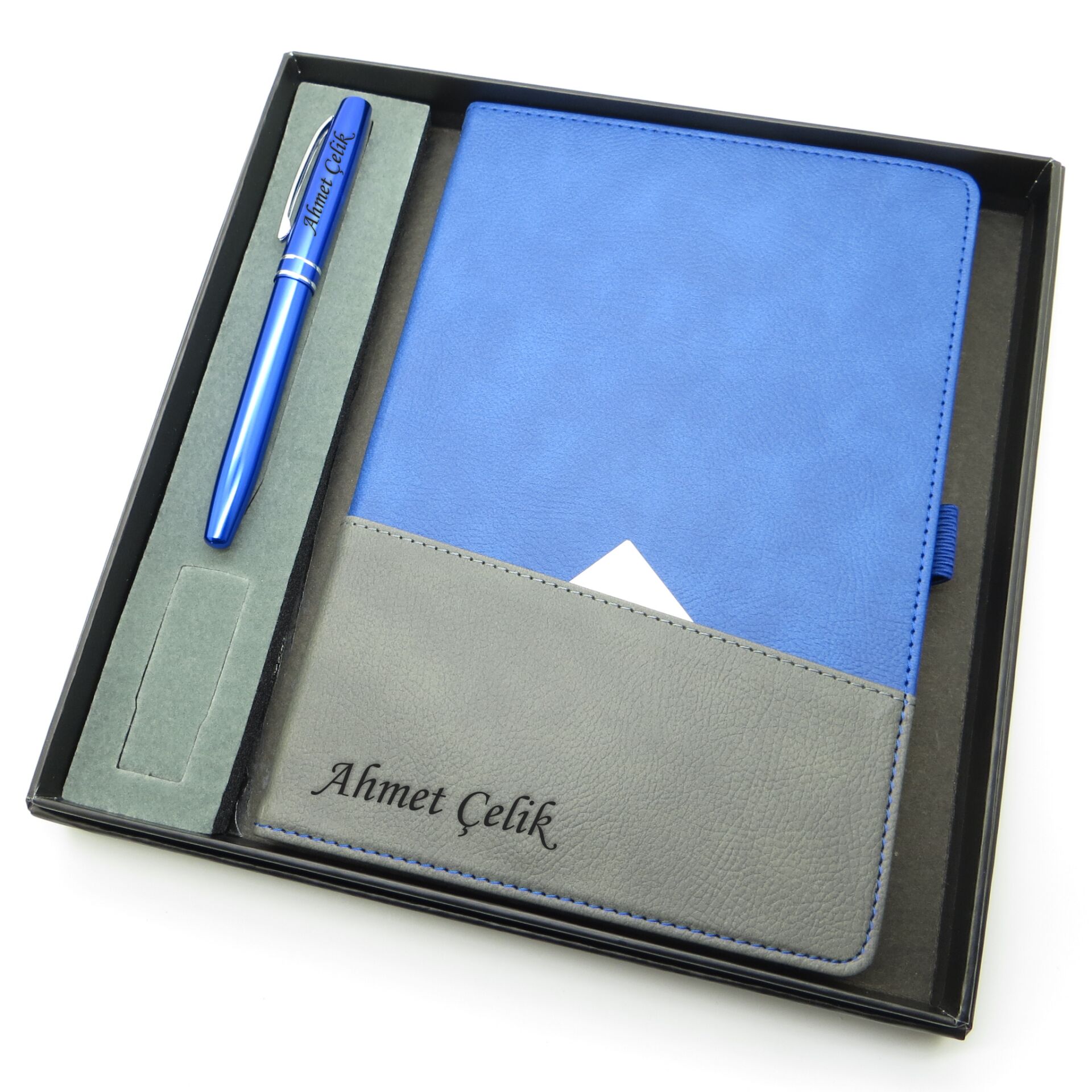 Signator® Codex | N189 Kişiye Özel Defterli Set - İsme Özel Mavi Kalem + İsme Özel Mavi Defter | İsme Özel Kutusunda Hediyelik Set