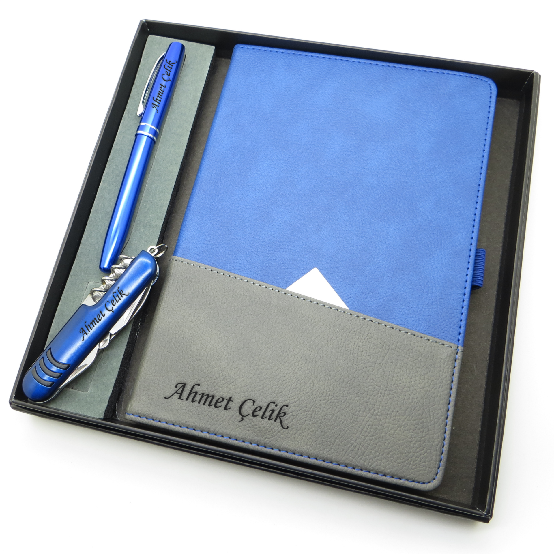 Signator® Codex | N190 Kişiye Özel Defterli Set - İsme Özel Mavi Kalem + İsme Özel Mavi Defter + İsme Özel Mavi Çakı| İsme Özel Kutusunda Hediyelik Set