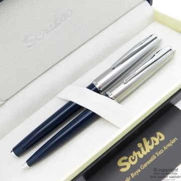 Scrikss 78 Lacivert Roller Kalem + Tükenmez Kalem Seti | Scrikss Metropolis | İsme Özel Kalem | Hediye Kalem