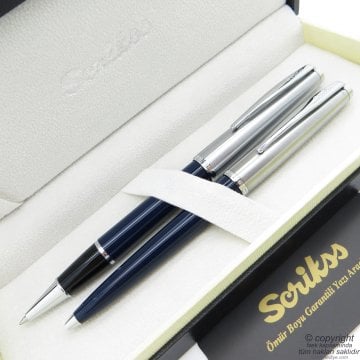 Scrikss 78 Lacivert Roller Kalem + Tükenmez Kalem Seti | Scrikss Metropolis | İsme Özel Kalem | Hediye Kalem