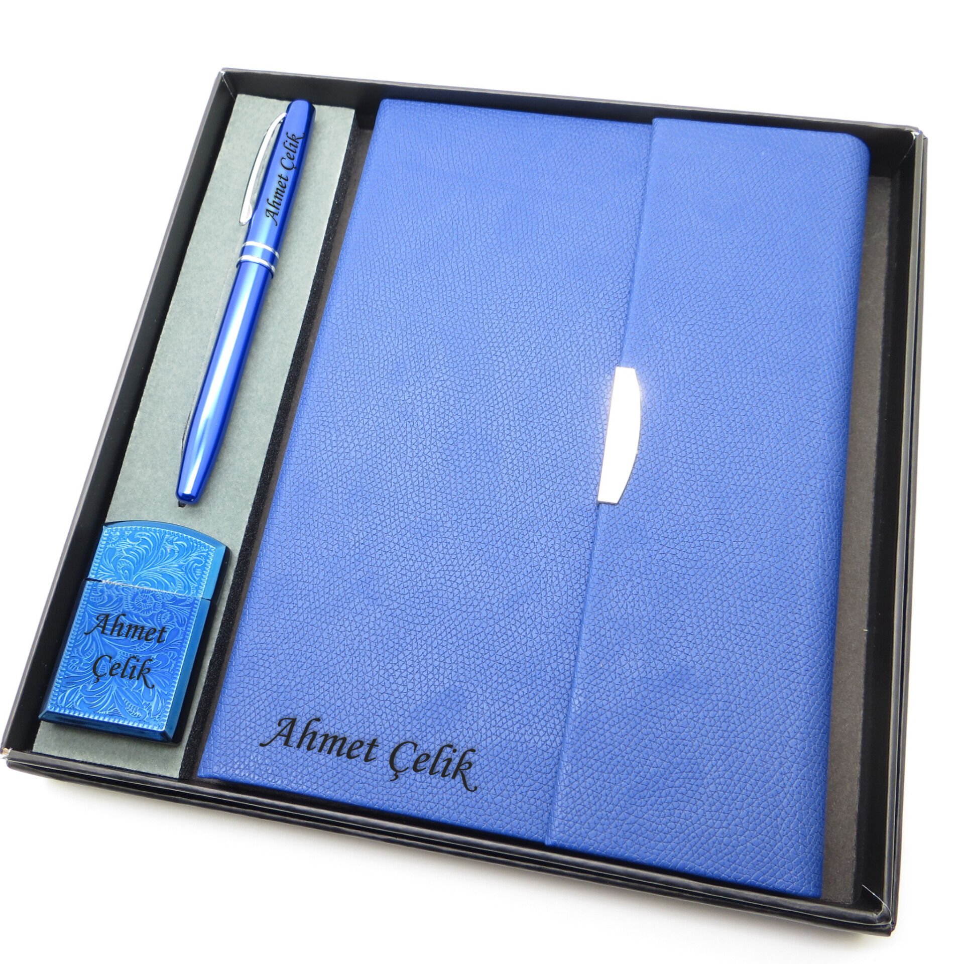 Signator® Codex | N210 Kişiye Özel Defterli Set - İsme Özel Mavi Kalem + İsme Özel Mavi Defter + İsme Özel Mavi Çakmak | İsme Özel Kutusunda Hediyelik Set