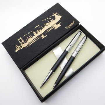 Signator® S333 Slim Siyah Krom Kalem Seti - Roller Kalem + Tükenmez Kalem Set | İsme Özel Kalem | Hediyelik Kalem