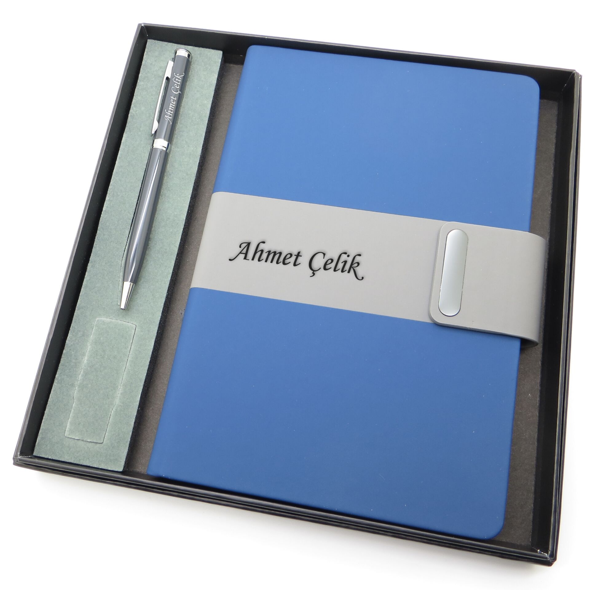 Signator® Codex | N220 Kişiye Özel Defterli Set - İsme Özel Siyah Kalem + İsme Özel Mavi Defter | İsme Özel Kutusunda Hediyelik Set
