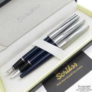 Scrikss 78 3'lü Set Lacivert | Dolma Kalem + Roller Kalem + Tükenmez Kalem Seti | Scrikss Metropolis | İsme Özel Kalem | Hediye Kalem