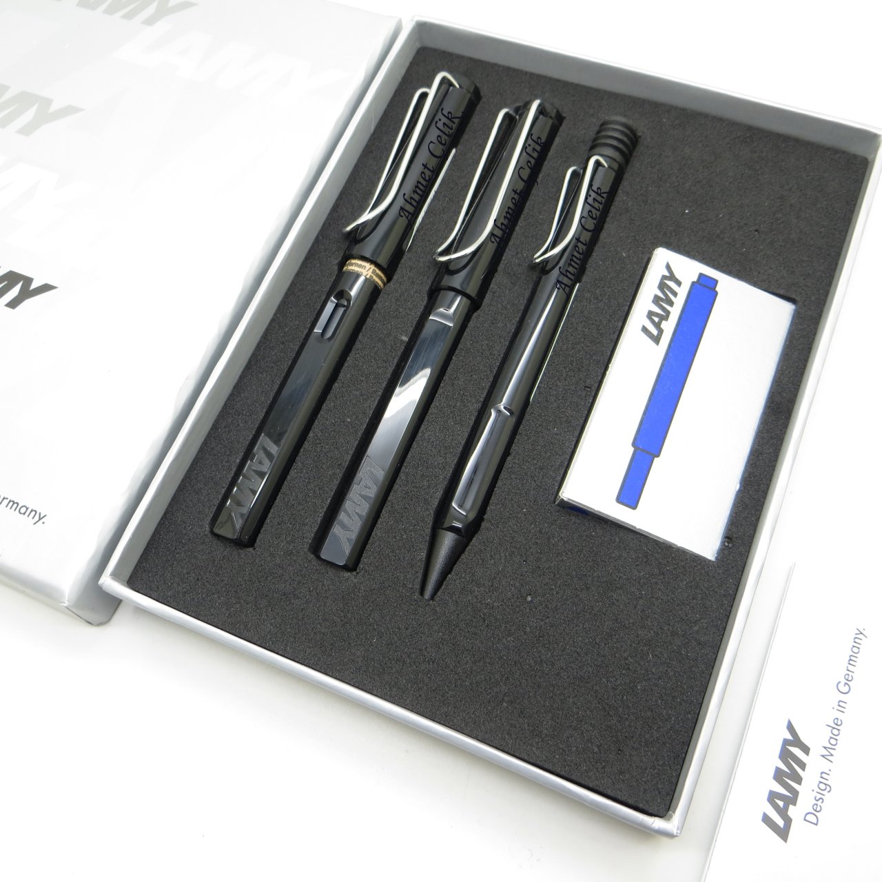 Lamy Safari Parlak Siyah Dolma Kalem + Roller Kalem + Tükenmez Kalem Set | Lamy Kalem | Lamy Kalem | Hepsi İsme Özel