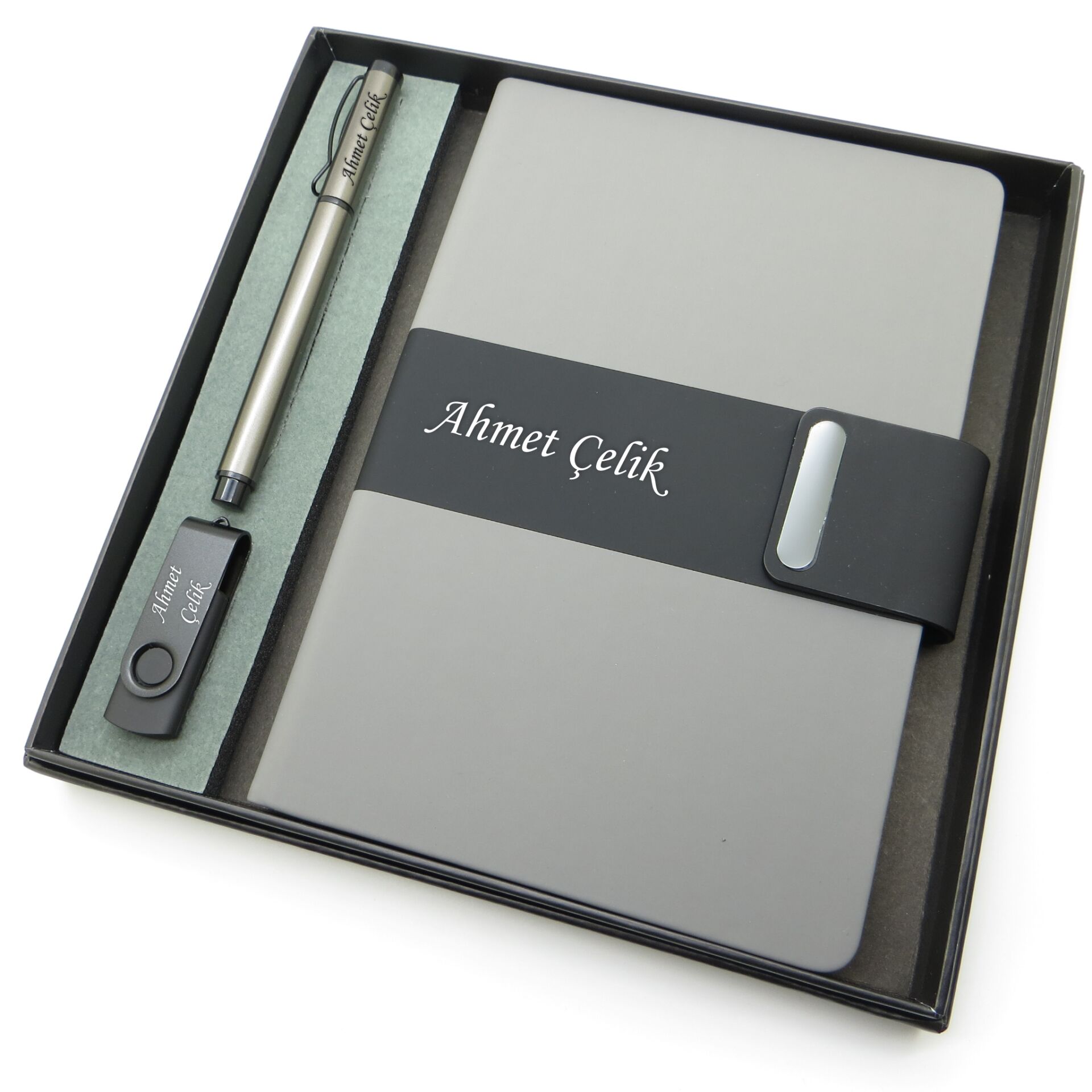 Signator® Codex | N224 Kişiye Özel Defterli Set - İsme Özel Gri Kalem + İsme Özel Gri Defter + İsme Özel 32 GB Usb Bellek| İsme Özel Kutusunda Hediyelik Set