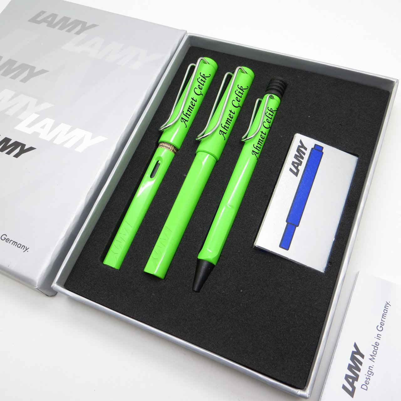 Lamy Safari Elma Yeşili Dolma Kalem + Roller Kalem + Tükenmez Kalem Set | Lamy Kalem | Hepsi İsme Özel