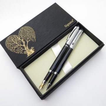 Signator® S345 Siyah Krom Dolma Kalem + Roller Kalem Set | İsme Özel Kalem | Hediyelik Kalem