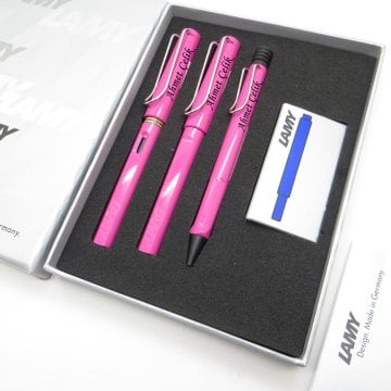 Lamy Safari Pembe Dolma Kalem + Roller Kalem + Tükenmez Kalem Set | Lamy Kalem | Hepsi İsme Özel