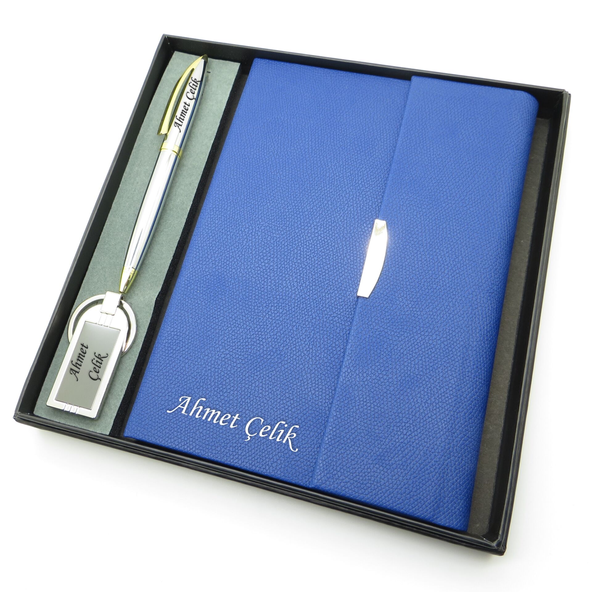 Signator® Codex | N232 Kişiye Özel Defterli Set - İsme Özel Mavi Kalem + İsme Özel Mavi Defter + İsme Özel Gümüş Çakmak | İsme Özel Kutusunda Hediyelik Set