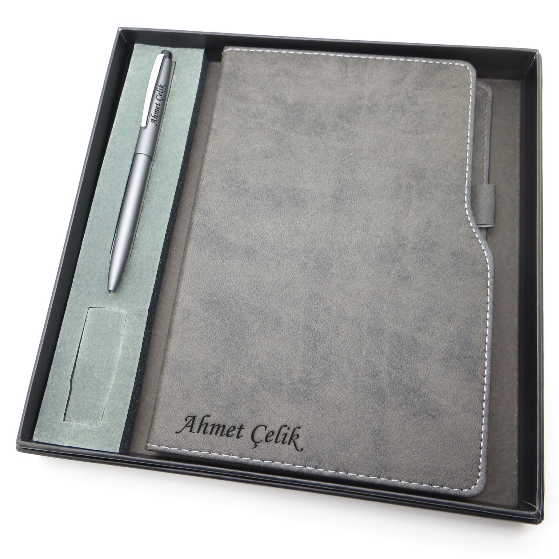 Signator® Codex | N233 Kişiye Özel Defterli Set - Scrikss İsme Özel Gri Kalem + İsme Özel Gri Defter | İsme Özel Kutusunda Hediyelik Set
