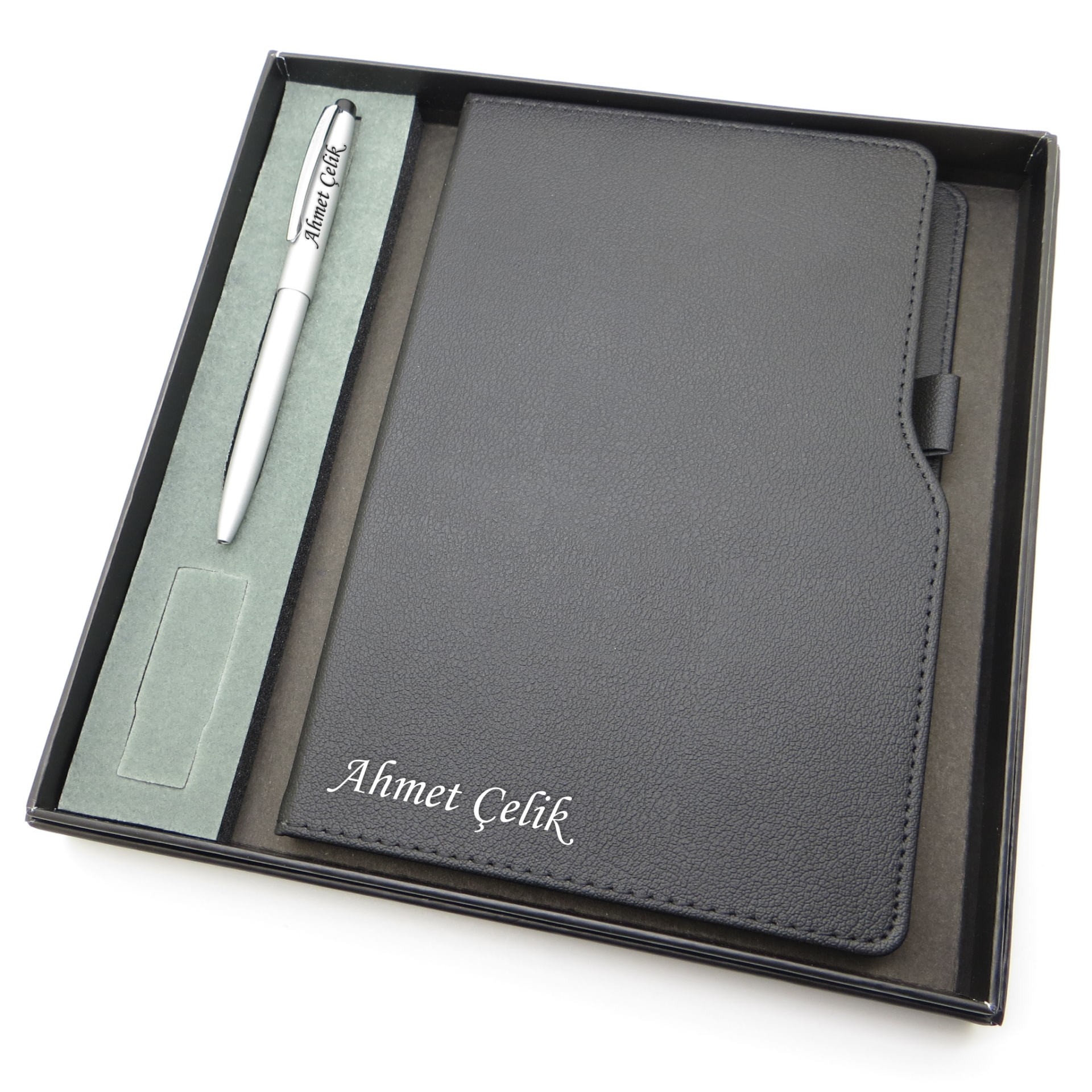 Signator® Codex | N236 Kişiye Özel Defterli Set - Scrikss İsme Özel Gri Kalem + İsme Özel Siyah Defter | İsme Özel Kutusunda Hediyelik Set
