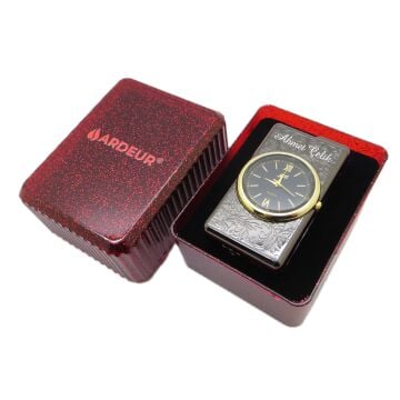 Ardeur® Desen İşlemeli Saatli Titanyum Gold İsme Özel Çakmak | Hediyelik Kutusunda