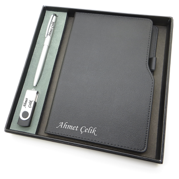 Signator® Codex | N238 Kişiye Özel Defterli Set - Scrikss İsme Özel Gümüş Kalem + İsme Özel Siyah Defter + İsme Özel 32 GB Usb Bellek | İsme Özel Kutusunda Hediyelik Set