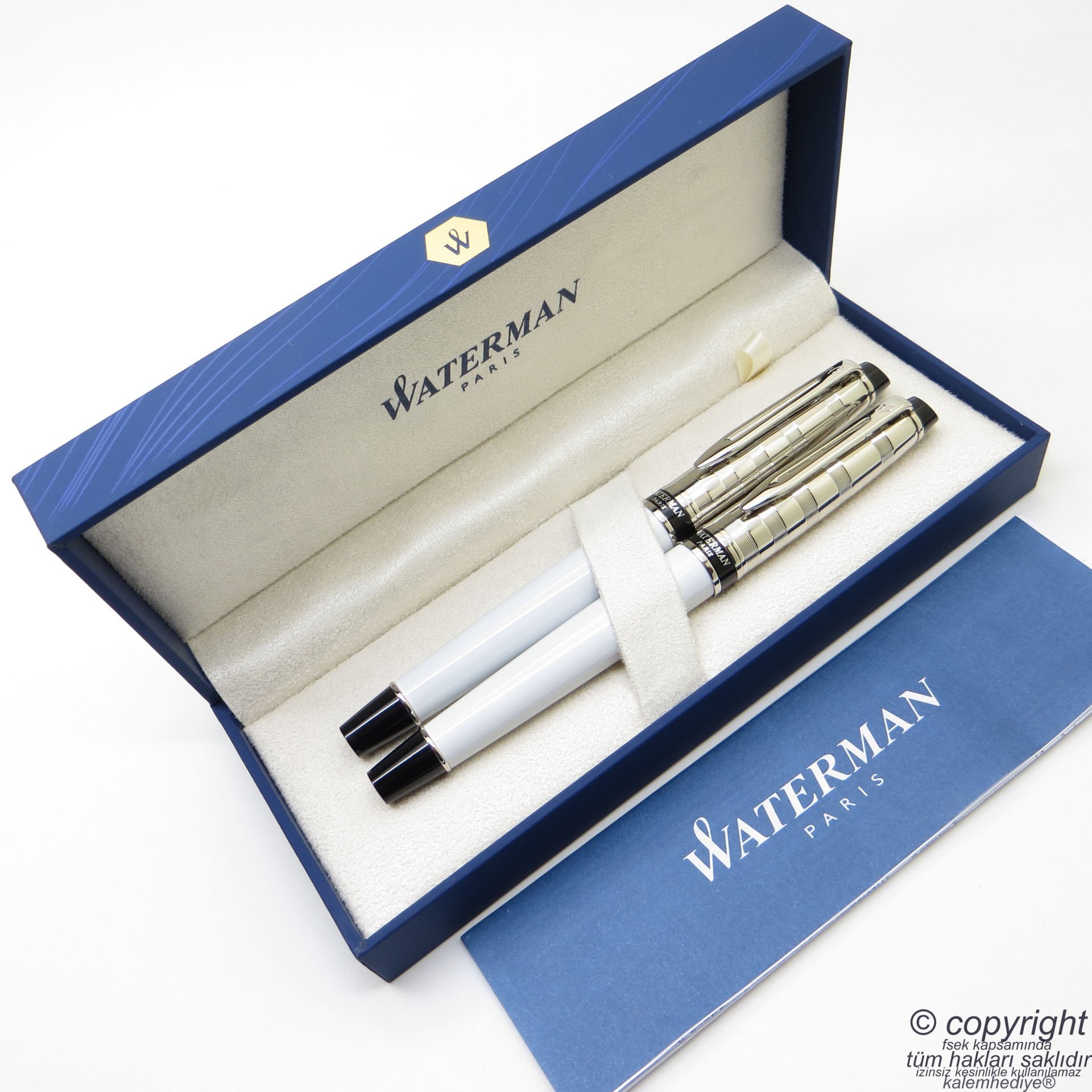 Waterman Expert 3 Deluxe Beyaz CT Dolma Kalem + Roller Kalem Set | İsme Özel Kalem | Hediye Kalem
