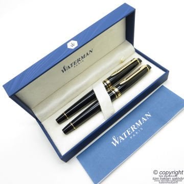 Waterman Expert Lake Siyah Altın Dolma Kalem + Roller Kalem Set | İsme Özel Kalem | Hediye Kalem