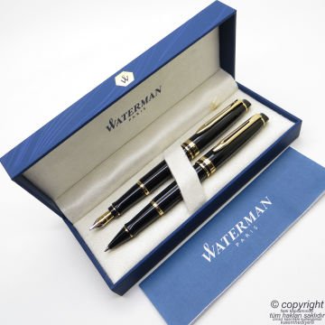 Waterman Expert Lake Siyah Altın Dolma Kalem + Roller Kalem Set | İsme Özel Kalem | Hediye Kalem
