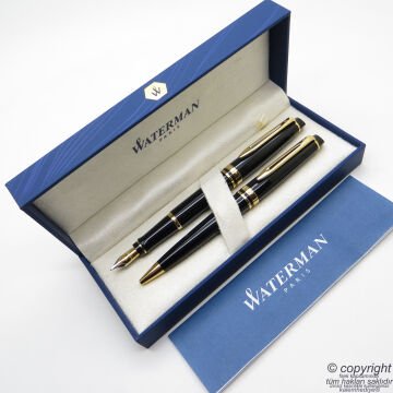 Waterman Expert Lake Siyah Altın Dolma Kalem + Tükenmez Kalem Set | İsme Özel Kalem | Hediye Kalem