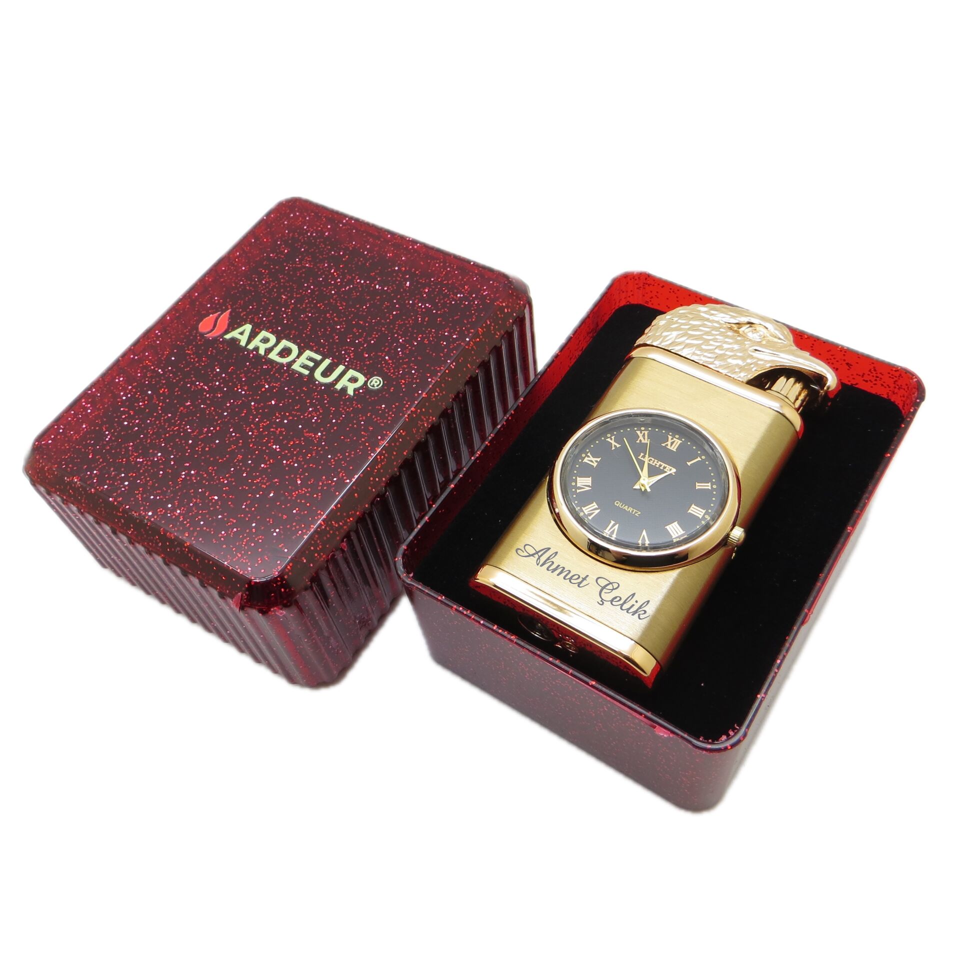 Ardeur® Meritus Gold Figürlü İsme Özel Saatli Çakmak | Hediyelik Kutusunda
