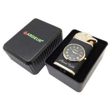 Ardeur® Meritus Mat Siyah Gold Figürlü İsme Özel Saatli Çakmak | Hediyelik Kutusunda