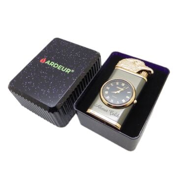 Ardeur® Meritus Füme Gold Figürlü İsme Özel Saatli Çakmak | Hediyelik Kutusunda