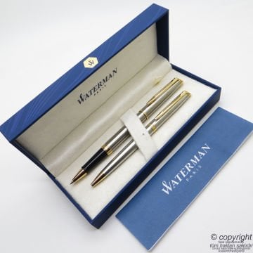 Waterman Hemisphere Gold Krom SS GT Roller Kalem + Tükenmez Kalem Set | İsme Özel Kalem | Hediye Kalem