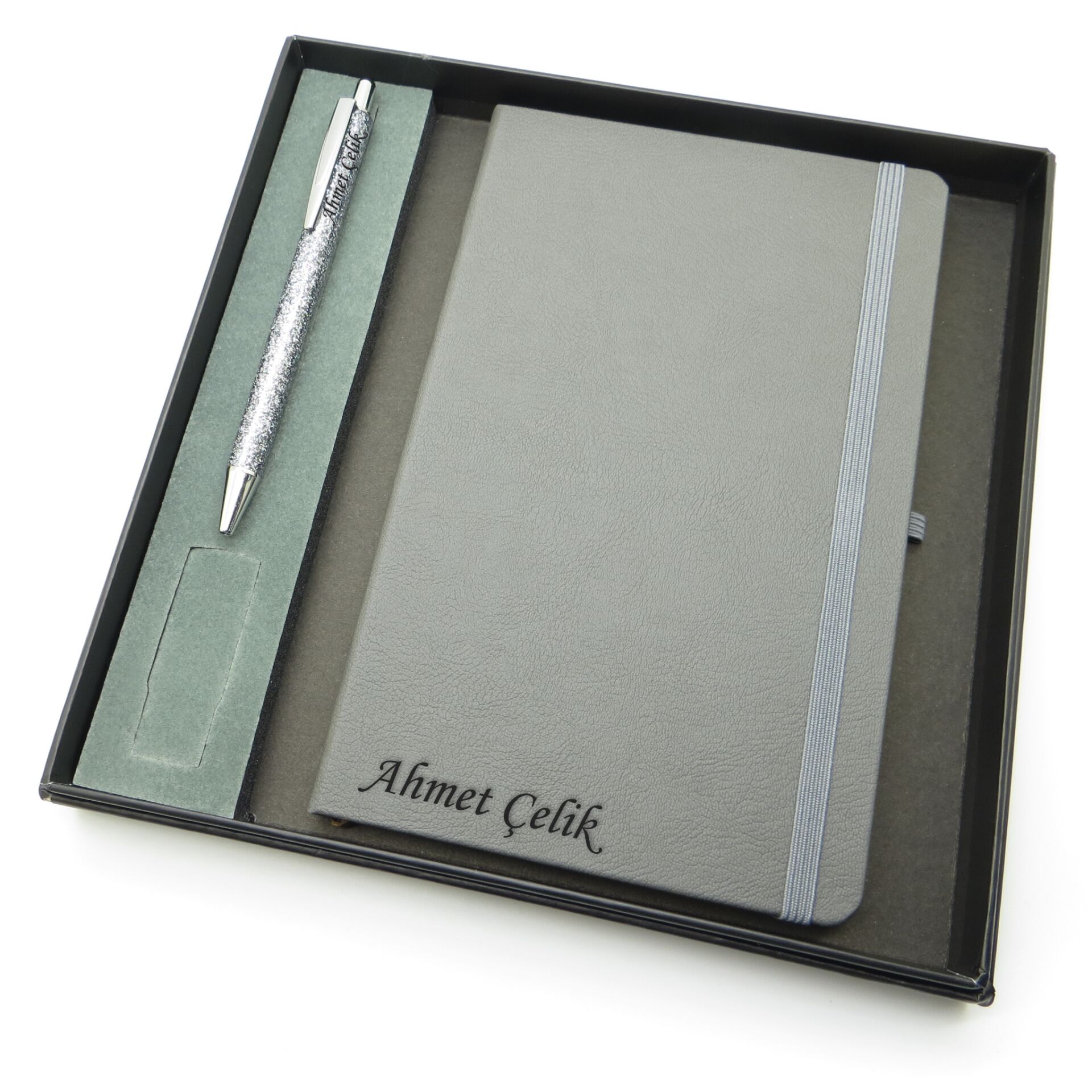 Signator® Codex | N256 Kişiye Özel Defterli Set - İsme Özel Gri Kalem + İsme Özel Gri Defter | İsme Özel Kutusunda Hediyelik Set