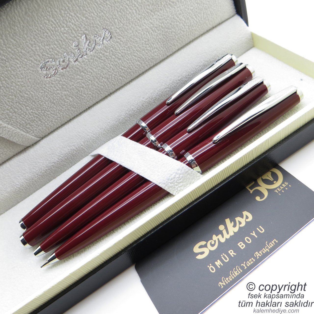 Scrikss 33 4'lü Set Bordo | Dolma Kalem + Roller Kalem + Tükenmez Kalem + Versatil Kalem Set | Scrikss Vintage | Hediye Kalem