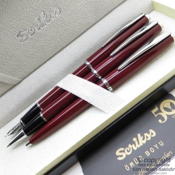 Scrikss 33 3'lü Set Bordo | Dolma Kalem + Roller Kalem + Tükenmez Kalem Set | Scrikss Vintage | Hediye Kalem
