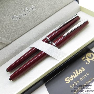 Scrikss 33 Bordo Dolma Kalem + Roller Kalem Set | Scrikss Vintage | İsme Özel Kalem | Hediye Kalem