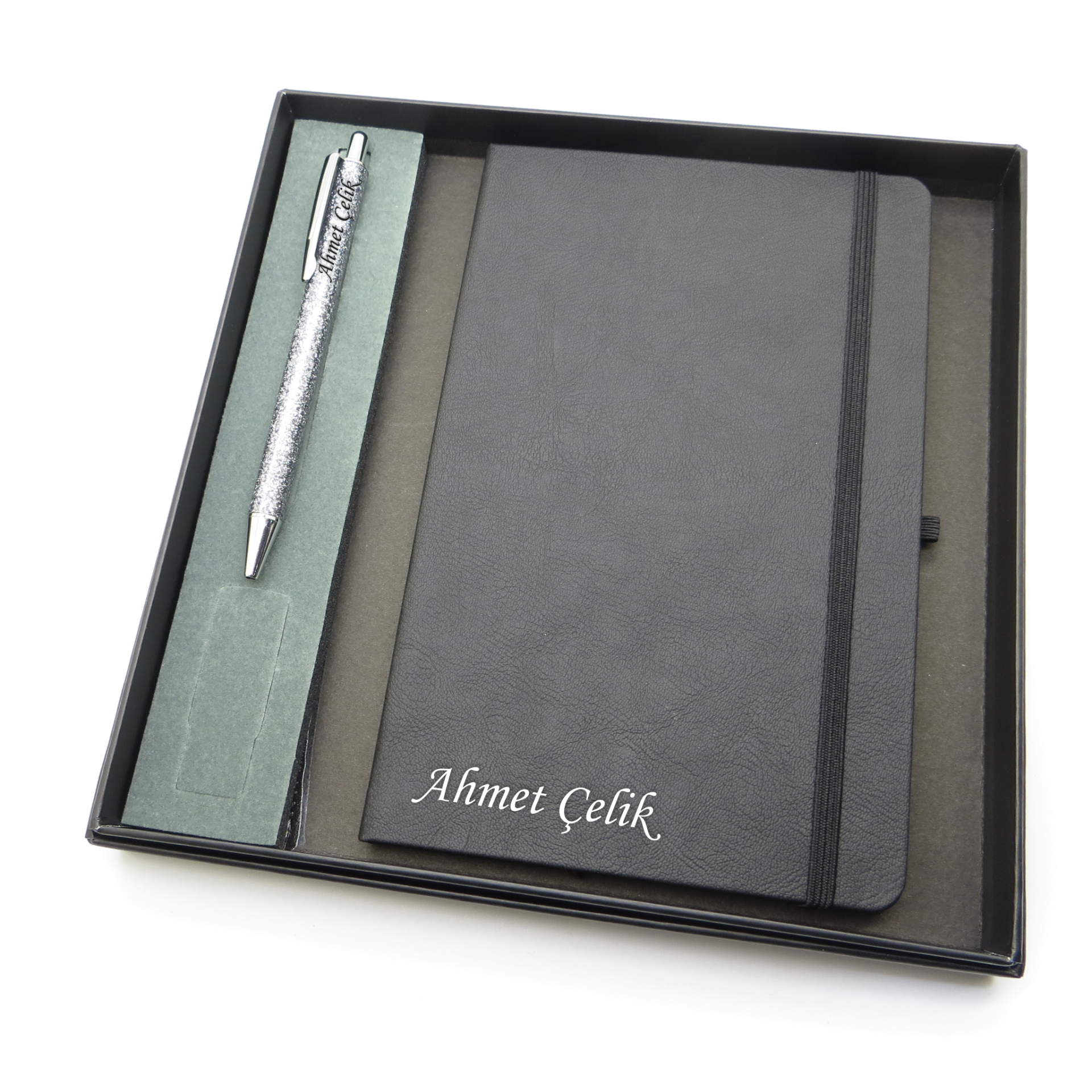Signator® Codex | N263 Kişiye Özel Defterli Set - İsme Özel Gri Kalem + İsme Özel Siyah Defter | İsme Özel Kutusunda Hediyelik Set