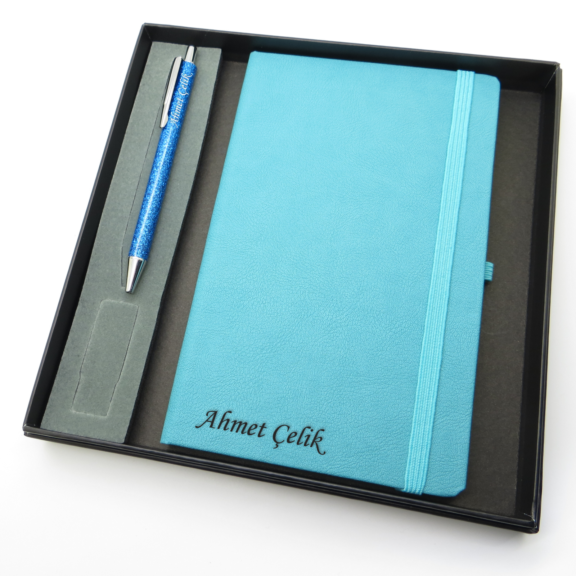 Signator® Codex | N265 Kişiye Özel Defterli Set - İsme Özel Mavi Kalem + İsme Özel Turkuaz Defter | İsme Özel Kutusunda Hediyelik Set