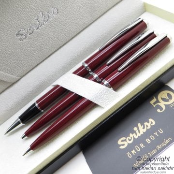 Scrikss 33 3'lü Set Bordo | Roller Kalem + Tükenmez Kalem + Versatil Kalem Seti | İsme Özel Kalem