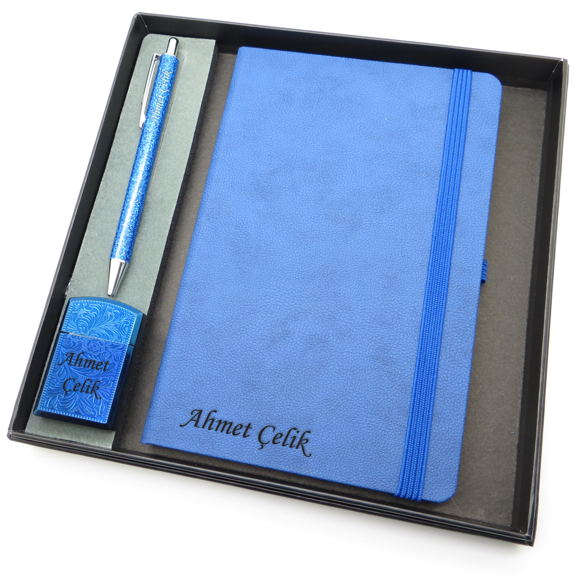 Signator® Codex | N268 Kişiye Özel Defterli Set - İsme Özel Mavi Kalem + İsme Özel Mavi Defter + İsme Özel Mavi Çakmak | İsme Özel Kutusunda Hediyelik Set
