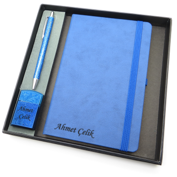 Signator® Codex | N268 Kişiye Özel Defterli Set - İsme Özel Mavi Kalem + İsme Özel Mavi Defter + İsme Özel Mavi Çakmak | İsme Özel Kutusunda Hediyelik Set