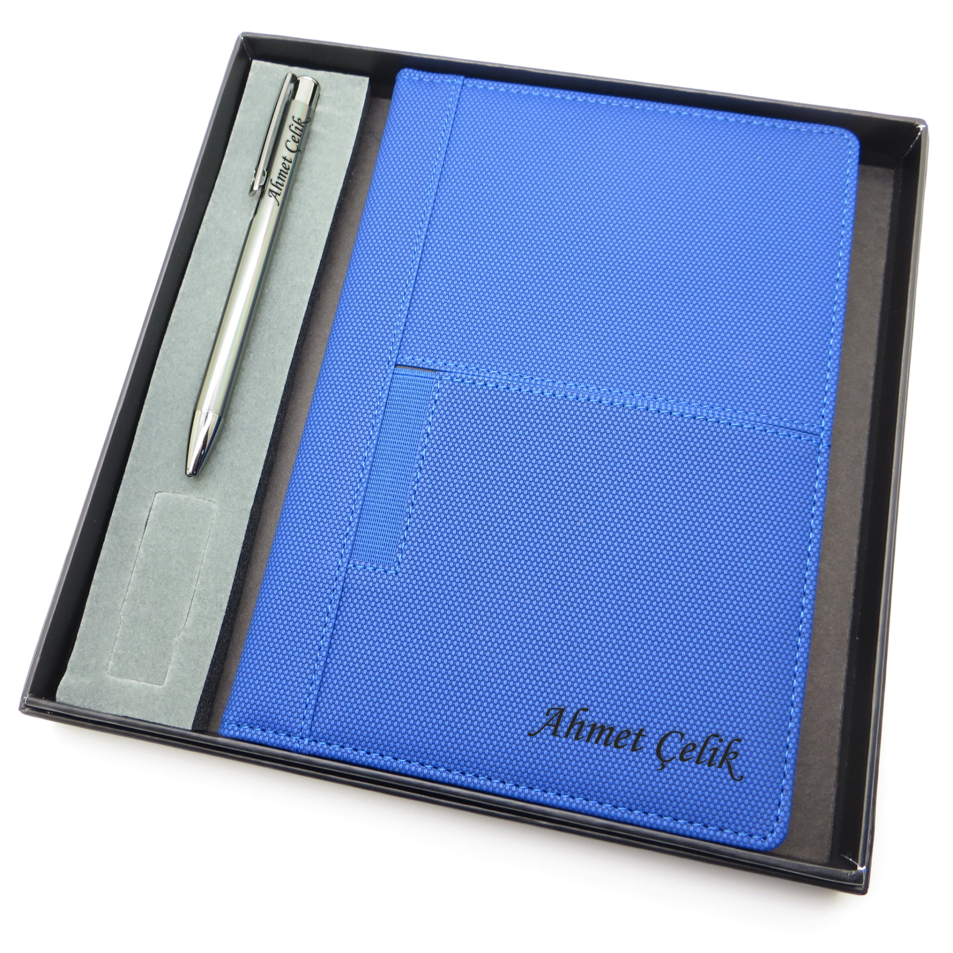 Signator® Codex | N270 Kişiye Özel Defterli Set - İsme Özel Gümüş Kalem + İsme Özel Mavi Defter | İsme Özel Kutusunda Hediyelik Set