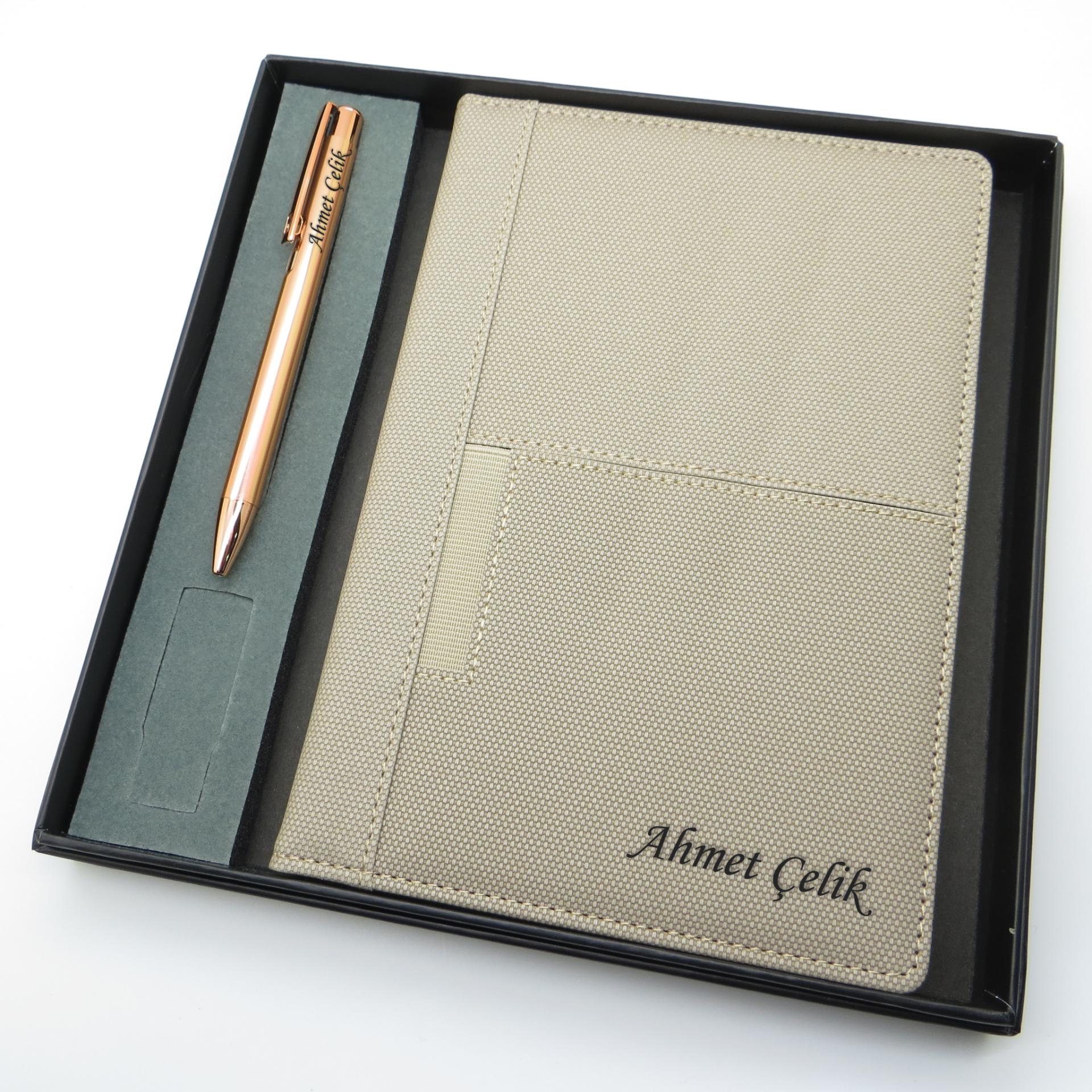 Signator® Codex | N278 Kişiye Özel Defterli Set - İsme Özel Rose Gold Kalem + İsme Özel Bej Defter | İsme Özel Kutusunda Hediyelik Set