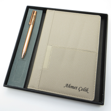Signator® Codex | N278 Kişiye Özel Defterli Set - İsme Özel Rose Gold Kalem + İsme Özel Bej Defter | İsme Özel Kutusunda Hediyelik Set