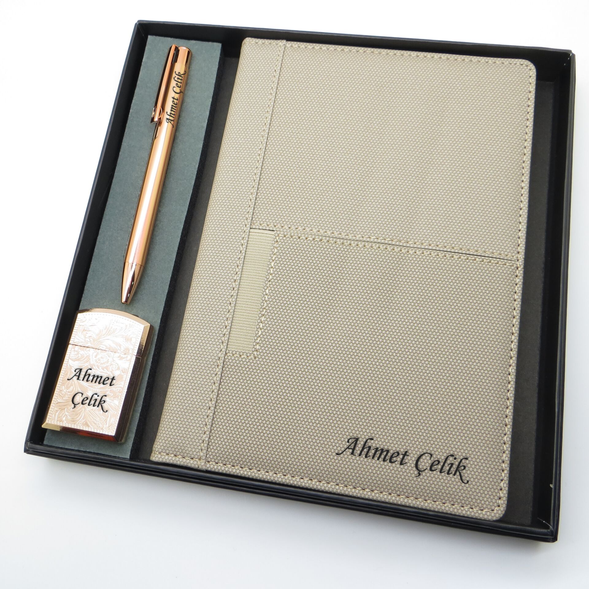 Signator® Codex | N280 Kişiye Özel Defterli Set - İsme Özel Rose Gold Kalem + İsme Özel Bej Defter + İsme Özel Rose Gold Çakmak| İsme Özel Kutusunda Hediyelik Set