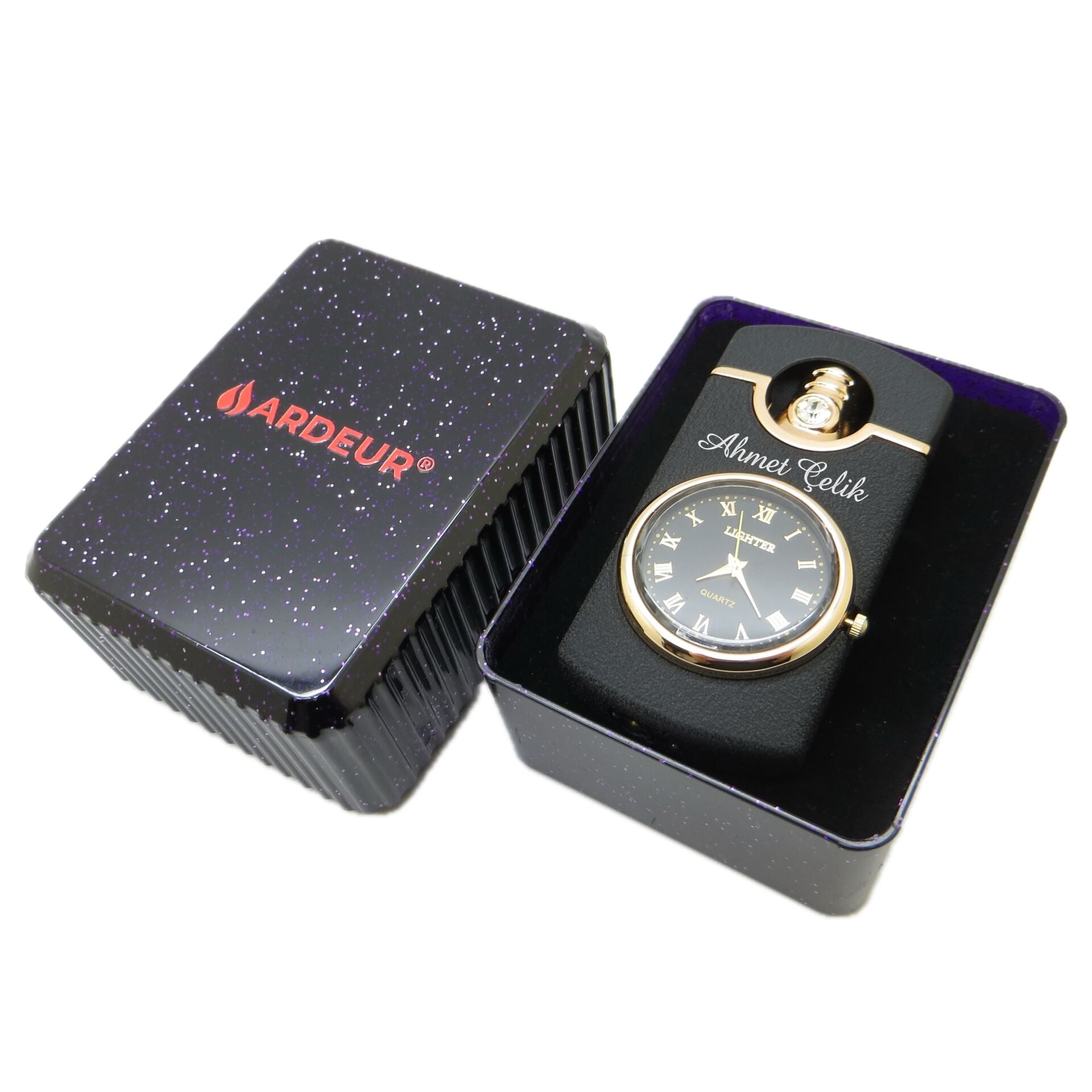 Ardeur® Armand Saatli Mat Siyah Gold İsme Özel Çakmak | Hediyelik Çakmak