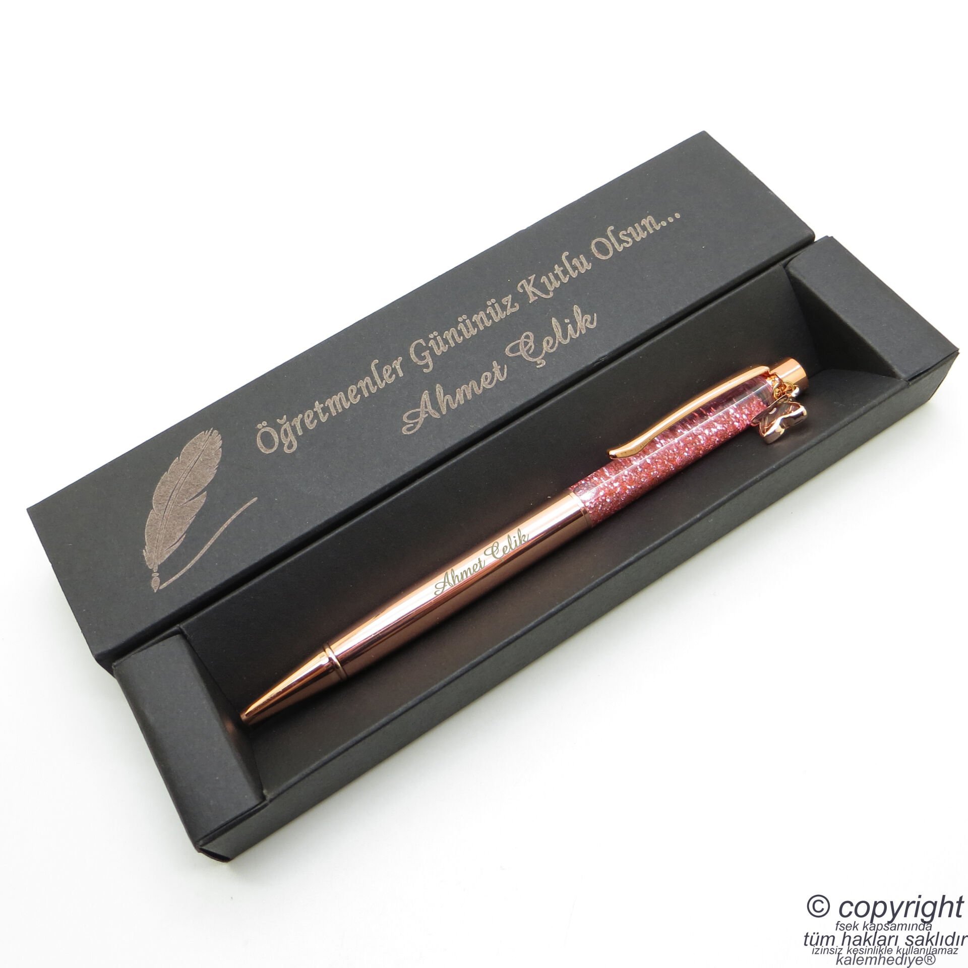 Wings İsme Özel Rose Gold Yıldız Taşlı Pembe Tükenmez Kalem + İsme Özel Kutu (Öğretmenler Günü veya başka bir mesaj)