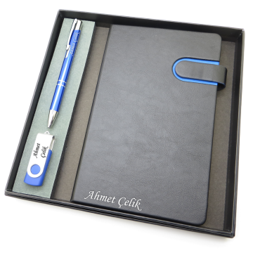 Signator® Codex | N294 Kişiye Özel Defterli Set - İsme Özel Mavi Kalem + İsme Özel Siyah Defter + İsme Özel 32 GB USB Bellek| İsme Özel Kutusunda Hediyelik Set